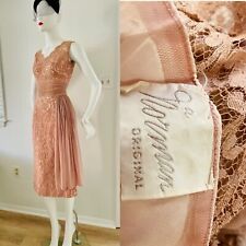 Vtg 50s 60s NORMAN ORIG Lace Chiffon Classic Hollywood Wiggle Dress Mocha Pink S picture