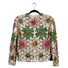 RARE Vintage 60s 70s Bullock's Wilshire Flower Wool Sequin and Beaded Cardigan picture