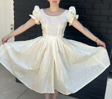 Vintage 50s XS Puff Sleeve Handmade Dress Circle Skirt Ivory Jacquard picture