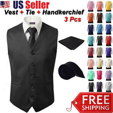 3Pcs SET Men's Formal Vest Slim Tie Hankie Causal Fit Tuxedo Suit Waistcoat Coat picture