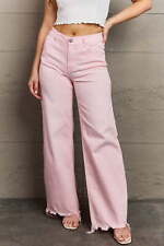 Risen Light Pink Distressed Raw Hem Wide Leg Jeans - Vintage Charm with a Modern picture
