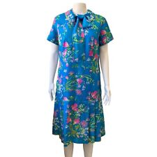 Vintage Retro Women's Blue Floral Collared Short Sleeve Knee Length Shirt Dress picture