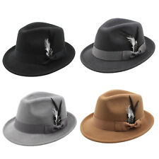 Men Women Short Brim Dress Felt Fedora Panama Hat w Bow Feather Derby Trilby Hat picture