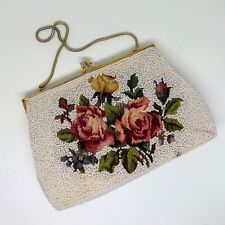 Antique Microbead Floral Embroidered Purse - Seed Bead Needlepoint Roses Bridal picture
