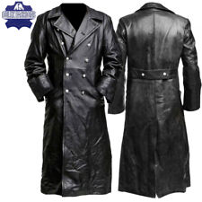 MEN'S BLACK LEATHER GERMAN CLASSIC WW2 MILITARY OFFICER UNIFORM TRENCH LONG COAT picture