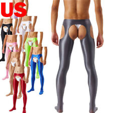US Mens Hollow Out Crotchless Glossy Elastic Waistband Skinny Pantyhose Pants picture