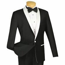 VINCI Men's Black One Button Slim Fit Tuxedo Suit w/ White Sateen Lapel NEW picture