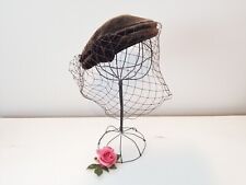 Vintage Chocolate Brown Velvet Cocktail Hat with Blusher Veil c. 1940's picture