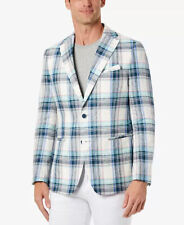 TALLIA Men's Slim-Fit Multicolor Plaid Blazer Blue 42L Sport Coat Linen Blue picture