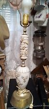 Antique Vintage Milk Glass Hobnail Porcelain And Brass Lamp With Raised Roses picture