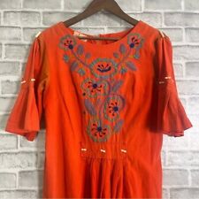 Vintage Handstitched Handmade Mexican Oaxacan Orange Coral Midi Dress Sz Large picture