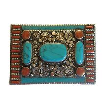 Rectangle Belt Buckle - Inlaid Turquoise & Coral Stones in Tibetan Silver picture