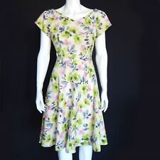 Vtg 1950s 1960s House Wife Dress Green Pink Floral Fit n Flare Pin-up Betty 0560 picture