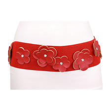 Women Red Elastic Fabric Strap Fashion Belt Flowers Silver Buckle Fit Size S M picture