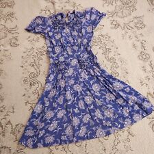 1930s Crepe Floral Dress Blue Ruffle Pocket & Collar As is Depression Era picture