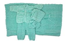Crochet Baby Blanket and Hat Newborn Outfit Set Mittens Pants Sweater Green picture
