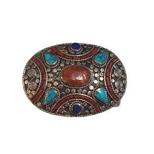 Oval Belt Buckle - Inlaid Turquoise, Coral & Lapis Stones in Tibetan Silver picture