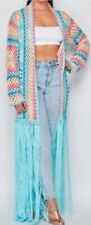 No. 1 Los Angeles Blue Multicolor Fringe Long Open Crochet Cover Up Size S picture