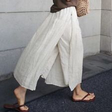 Women's Spring Summer Loose Casual Cropped Pants Linen Wide-leg Slit Pants Sz picture