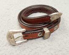 Vintage Brown Leather Belt Sterling Silver Overlay Buckle Mexico Skinny Size 34 picture