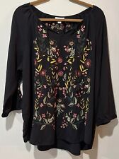 J JILL Peasant Top Sz XL Black Floral Embroidered Tunic Tassels Boho Long Sleeve picture
