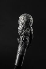 Antique Sterling Aluminum Owl Head Handle Wooden Vintage Walking Stick Cane New picture