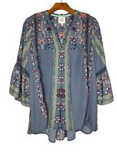 Knox Rose Womens Boho Blouse Bell Sleeve Blue Floral Size XL Tunic V-Neck Shirt picture