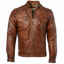 Mens Retro Style Biker Jacket Real Lambskin Leather Washed Soft Tan Brown Casual picture