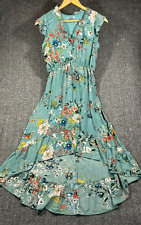 Vintage 90s Y2K Bailey Blue Dress Large High Low Hem Floral Ruffle Cap Sleeve picture