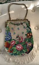 antique beaded purse handbag Flower Garden Seed Beads Enamel Clasp Swan Fringe picture