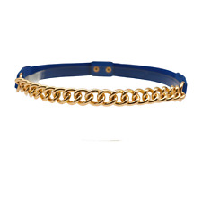 Women Blue Elastic Fabric Band Belt Gold Metal Chain Links Adjustable Size S M picture