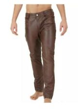Men's Genuine Leather Pant Jeans Style 5 Pockets Motorbike Brown Pants New picture