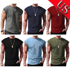 US Mens Sleeveless Muscle Shirts Solid Color Round Neck Workout Tank Tops Shirts picture