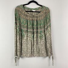 Lucky Brand Boho Peasant Blouse Size Large Green Floral Tie Sleeves picture
