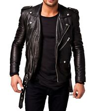 Men's Black 100% Real Leather Belted Motorcycle Jacket, Slim-fit Fashion Biker picture