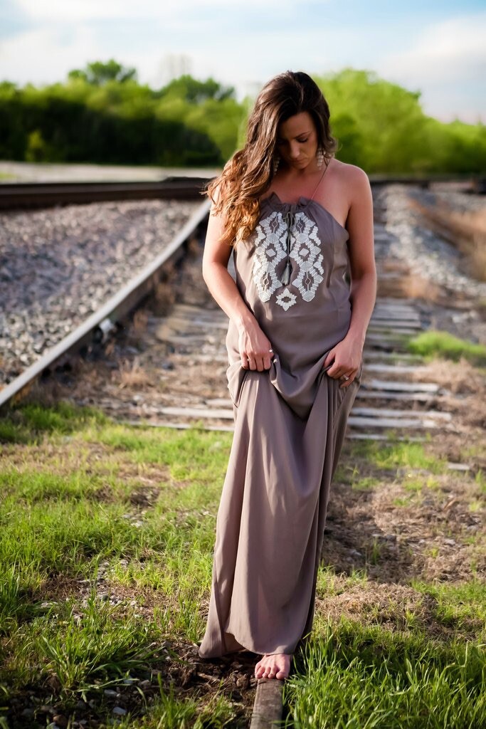Love Stitch Embroidered Taupe Maxi Dress Tassel Boho NWT Size Medium
