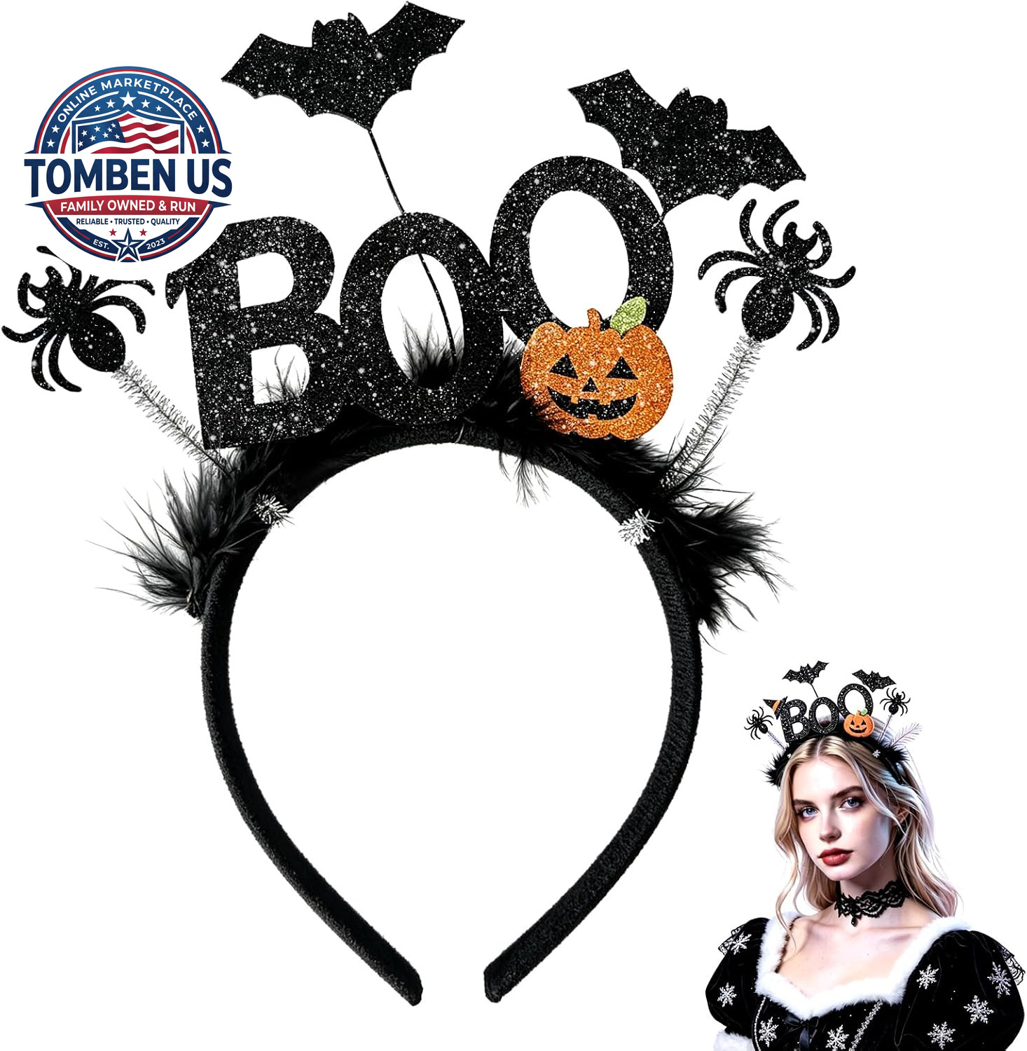 Halloween Sparkly BOO Headband,Pumpkin Spider Bat Witch Hat Decor, Black Hallowe