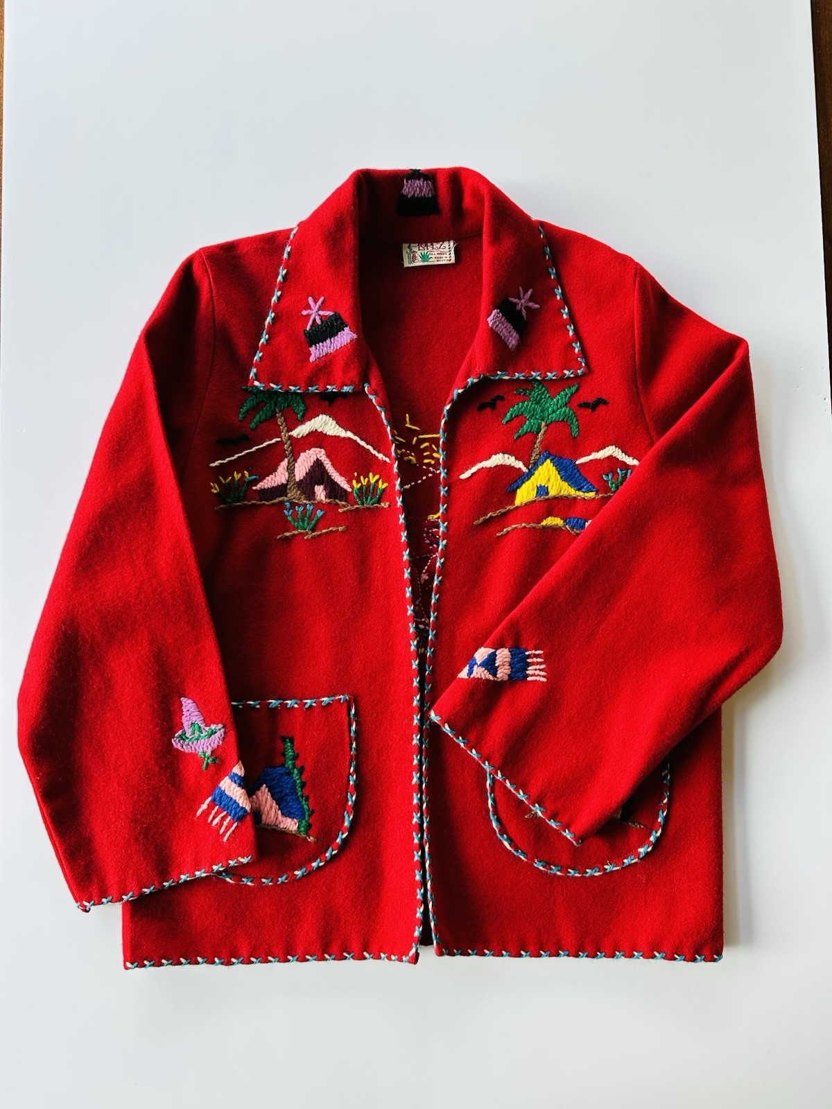 Vintage 50s 60s Kids Mexican Jacket Red Wool Hand Embroidered Lopez Mexico