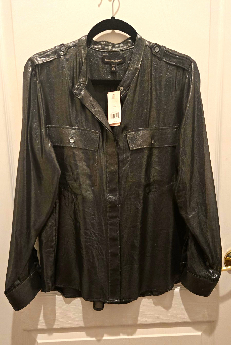 NWT Banana Republic Womens Petite PL Black Chiffon Band Collar Blouse LS
