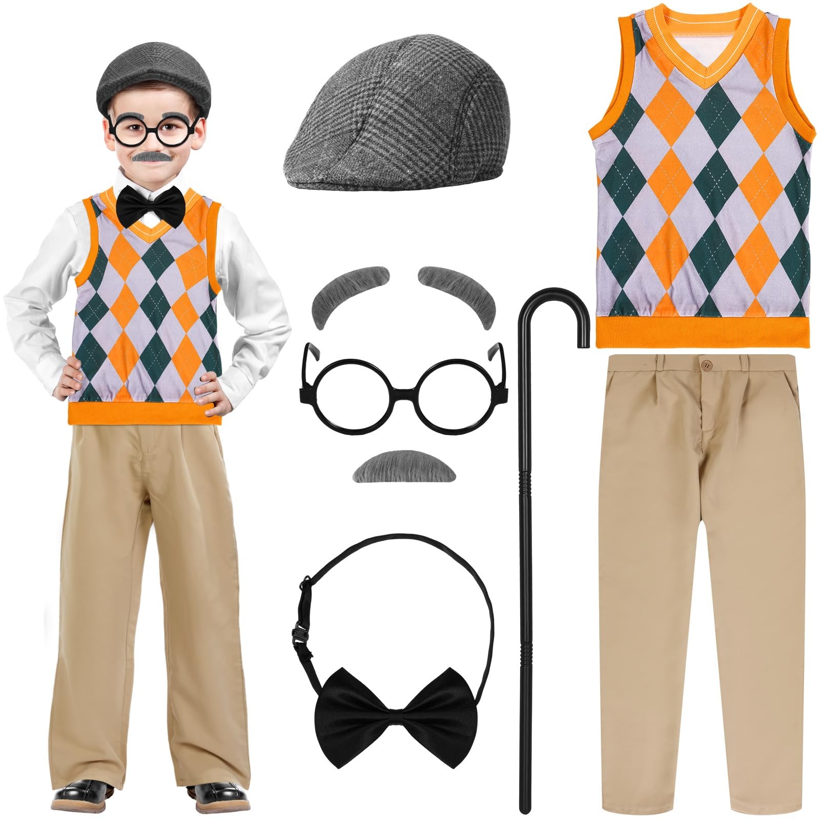 8 Pcs Old Man Costume Kids Grandpa 100 Days Of School Halloween Vest Pants