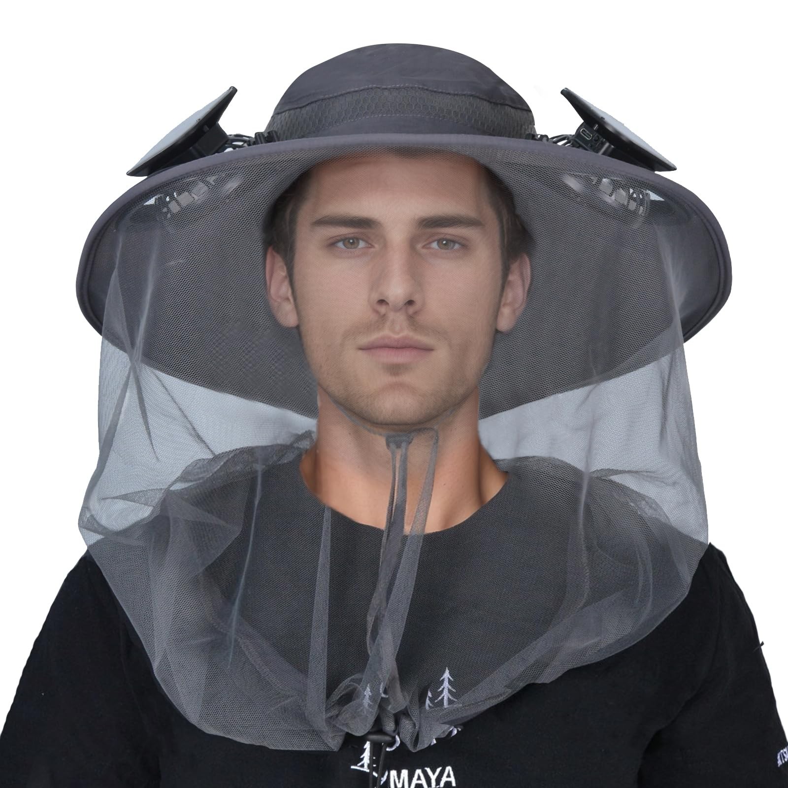AYAMAYA Mosquito Net Hat with Fan Built-in, Wide Brim Solar Fan Hat with Netting