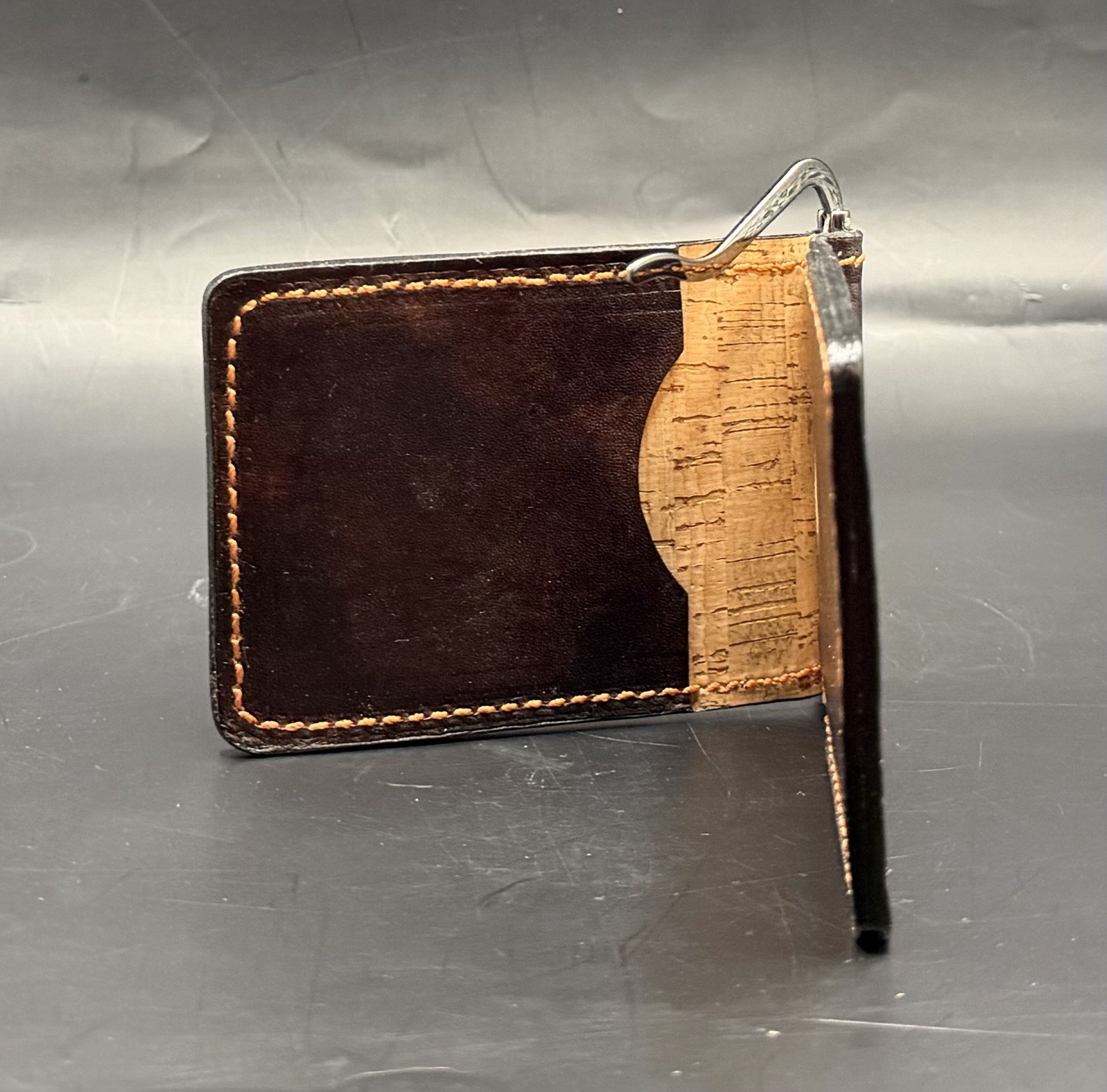 New Handmade Leather Money Clip Wallet Bifold Brown Cork Orange Stitching