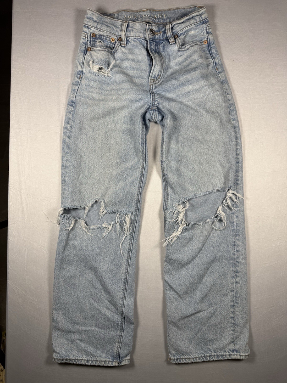 American Eagle Jeans Womens Sz 000 Short Blue Stovepipe Distress Straight Pants 