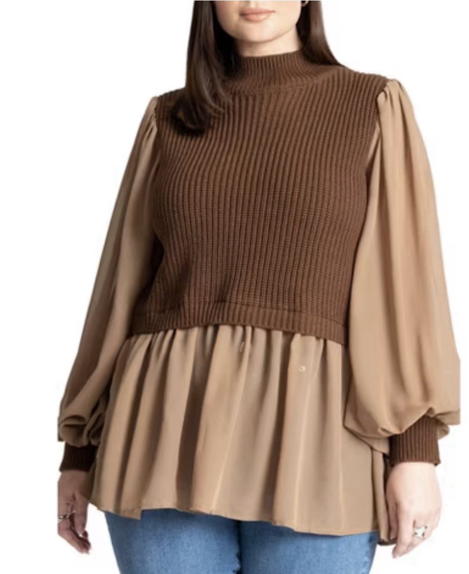 ELOQUII Plus Size Twofer Sweater Chiffon Mixed Media Mock Neck Brown Tunic 18/20