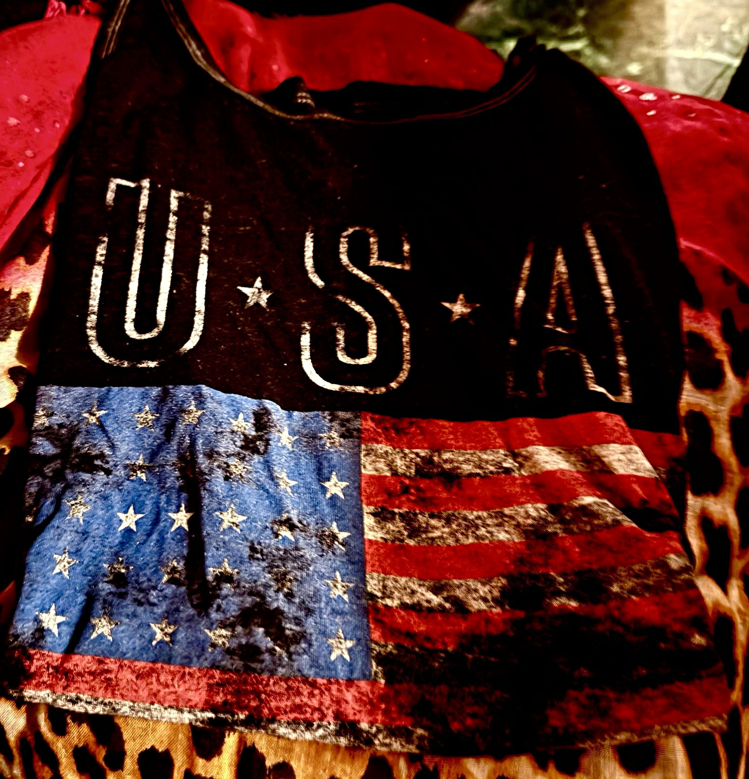 Black USA American Flag Patriotic Graphic Print Cotton Unisex M Crew Neck Tank