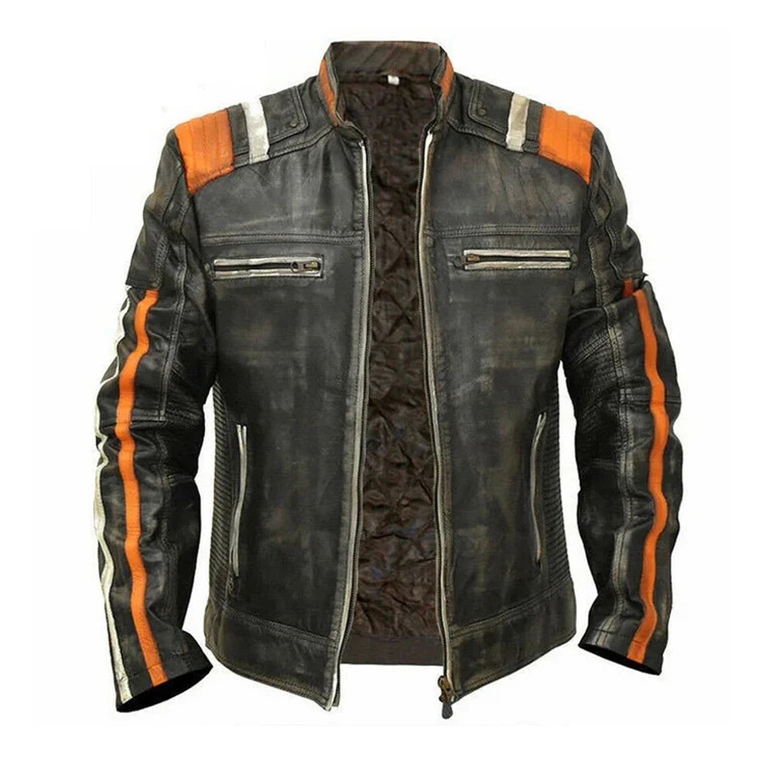 Men\'s Cafe Racer Jacket | Retro 3 Stripe Biker Leather Motorcycle Riding Jacket