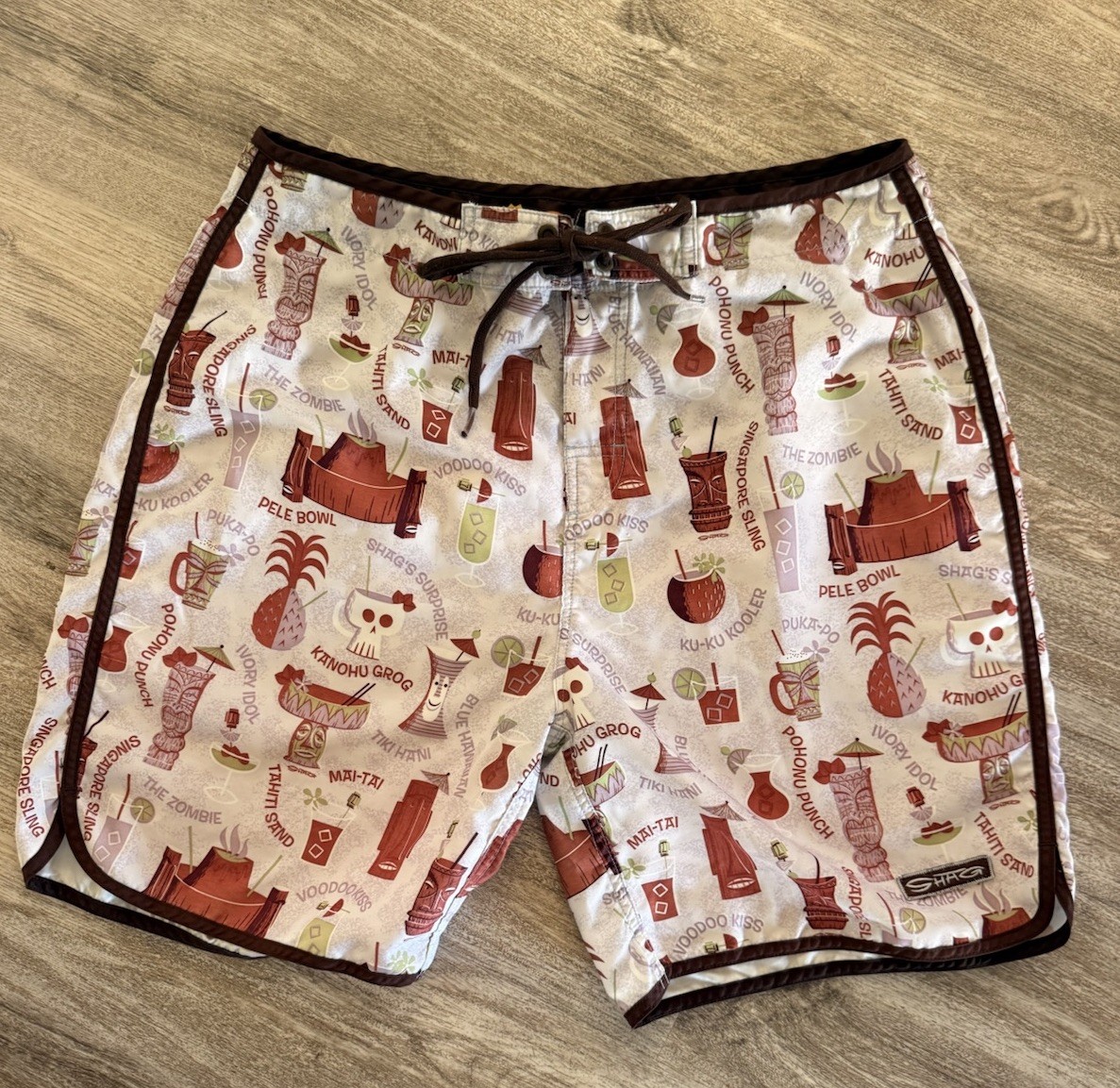 SHAG Toes on the Nose Board Shorts Mens 34 Tiki Hawaiian Cocktail Retro Surf