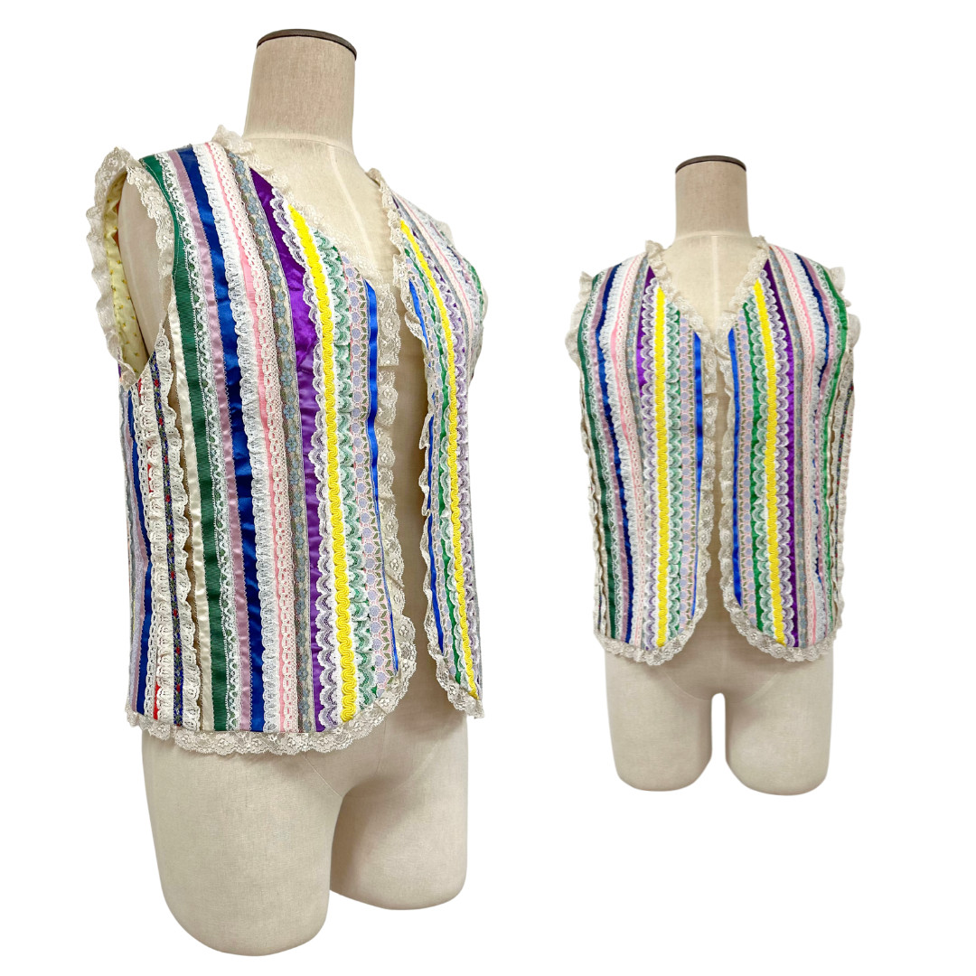 Vintage 1970s Handmade Ribbon Lace Patchwork Hippie Vest