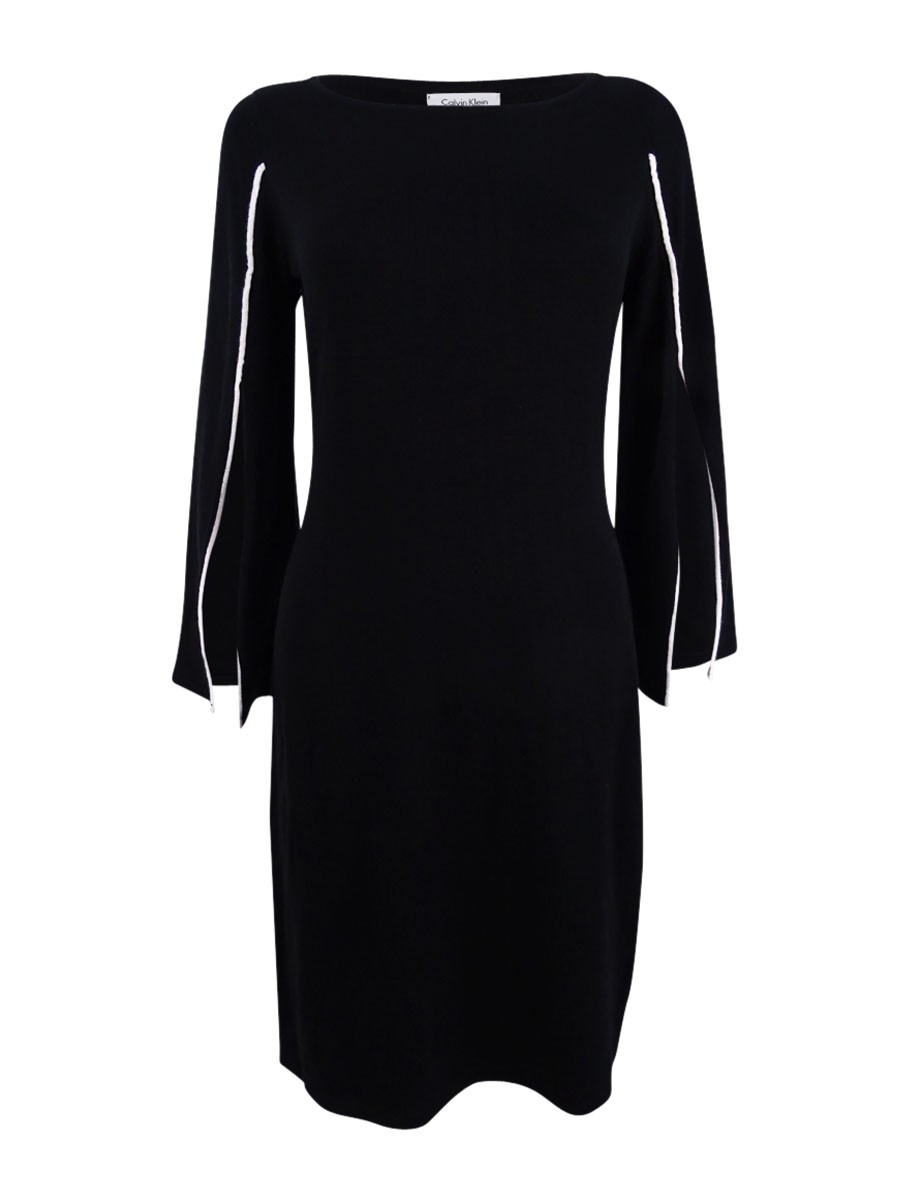 Calvin Klein Women\'s Piped Split-Sleeve Sweater Dress (S, Black/Cream)