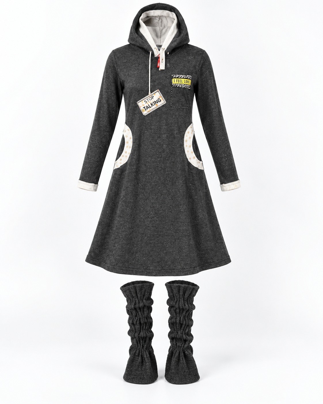Bana Womens Hooded Long Sleeve Dress & Matching Leg Coverings Gray Set